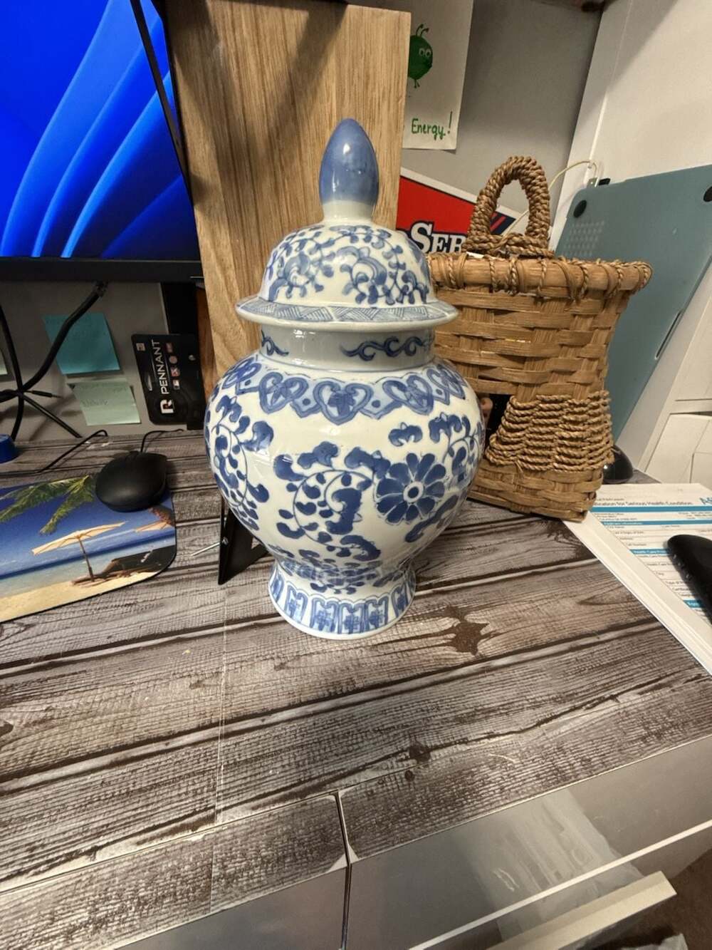 Vintage Blue and White Porcelain Ginger Jar Temple Vase